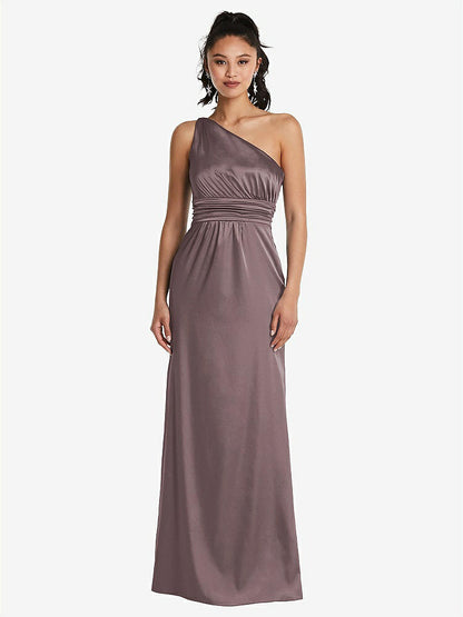 【STYLE: TH063】One-Shoulder Draped Satin Maxi Dress【COLOR: French Truffle】