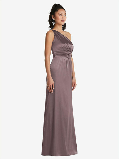 【STYLE: TH063】One-Shoulder Draped Satin Maxi Dress【COLOR: French Truffle】