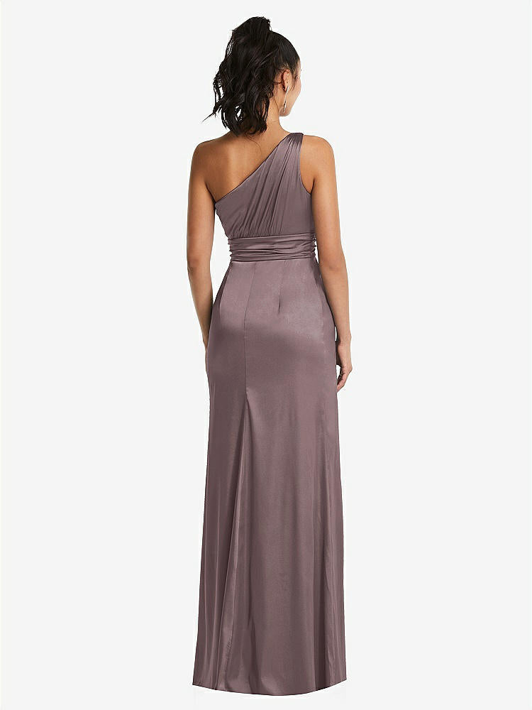 【STYLE: TH063】One-Shoulder Draped Satin Maxi Dress【COLOR: French Truffle】