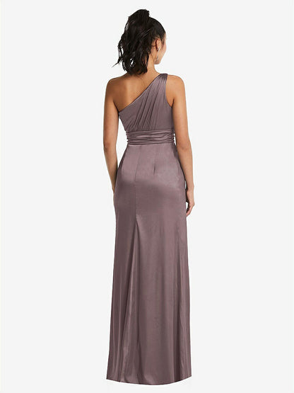 【STYLE: TH063】One-Shoulder Draped Satin Maxi Dress【COLOR: French Truffle】
