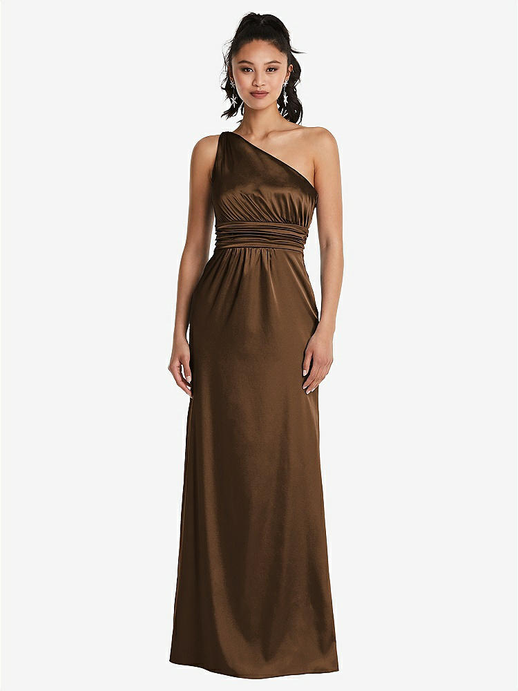 【STYLE: TH063】One-Shoulder Draped Satin Maxi Dress【COLOR: Latte】