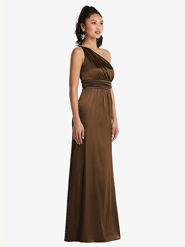 【STYLE: TH063】One-Shoulder Draped Satin Maxi Dress【COLOR: Latte】