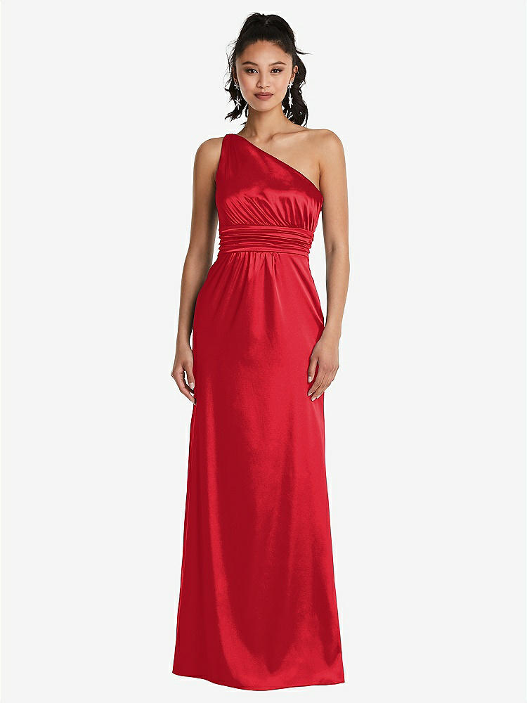 【STYLE: TH063】One-Shoulder Draped Satin Maxi Dress【COLOR: Parisian Red】