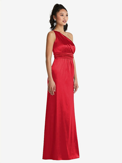 【STYLE: TH063】One-Shoulder Draped Satin Maxi Dress【COLOR: Parisian Red】