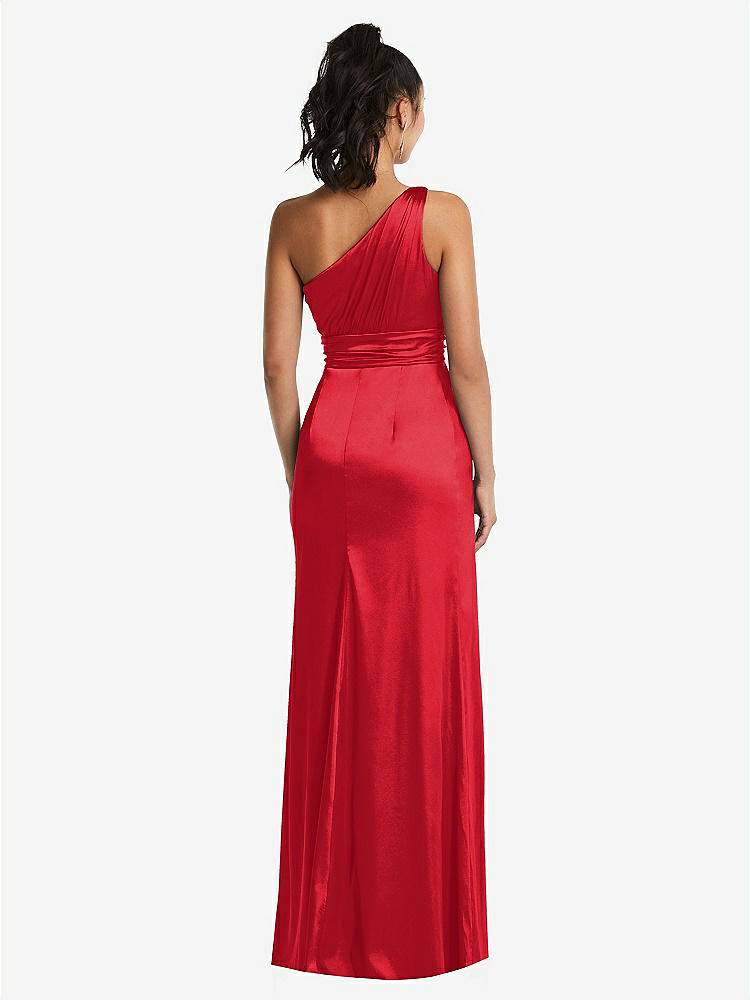 【STYLE: TH063】One-Shoulder Draped Satin Maxi Dress【COLOR: Parisian Red】
