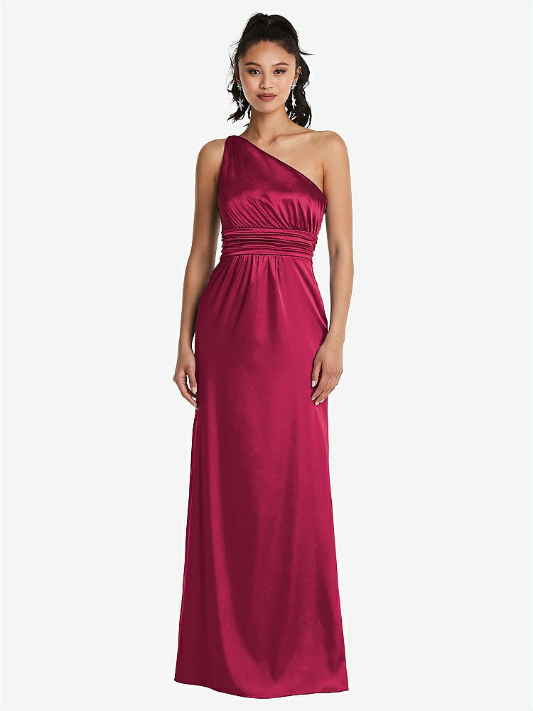 【STYLE: TH063】One-Shoulder Draped Satin Maxi Dress【COLOR: Valentine】