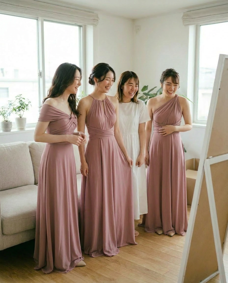ブライズメイドドレスを試着するグループ